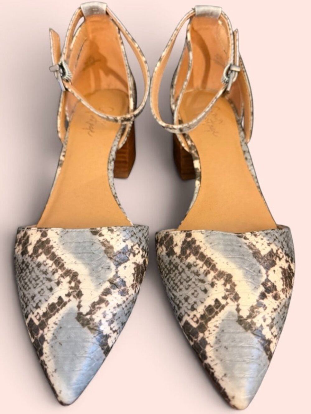 Crown Vintage Baby Blue/Brown Snakeskin Pattern Pointed Toe Cutout Pumps Sz 7